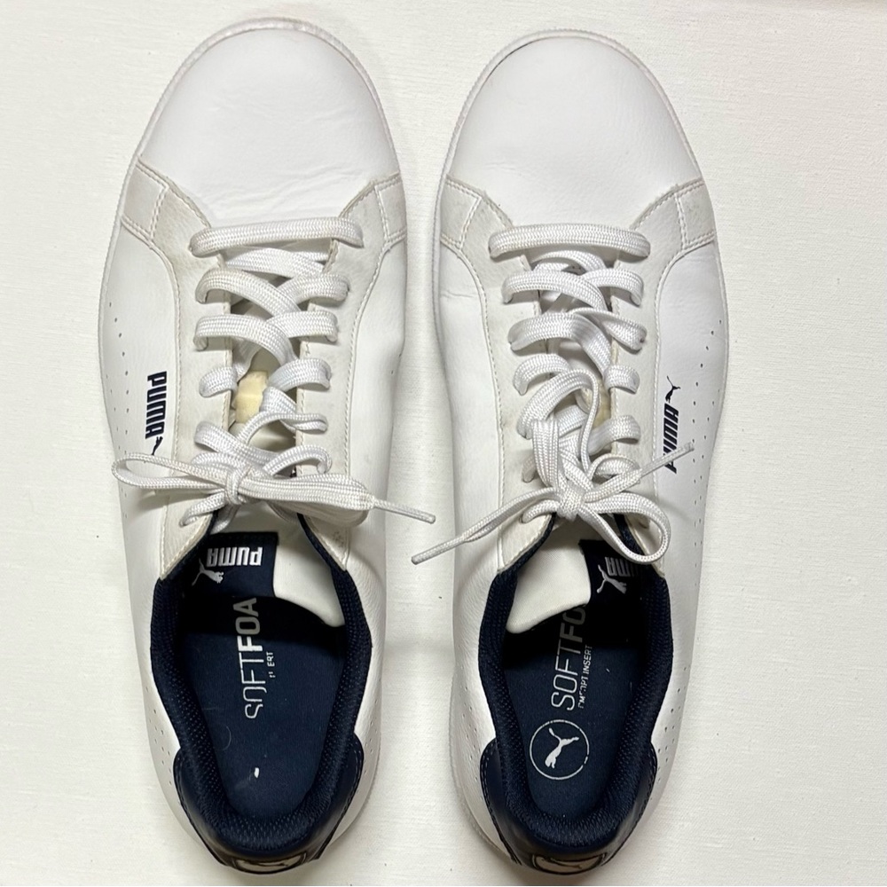 Men’s PUMA Smash Leather Perf White Blue Court Sneakers Sz 12 Soft Foam GUC